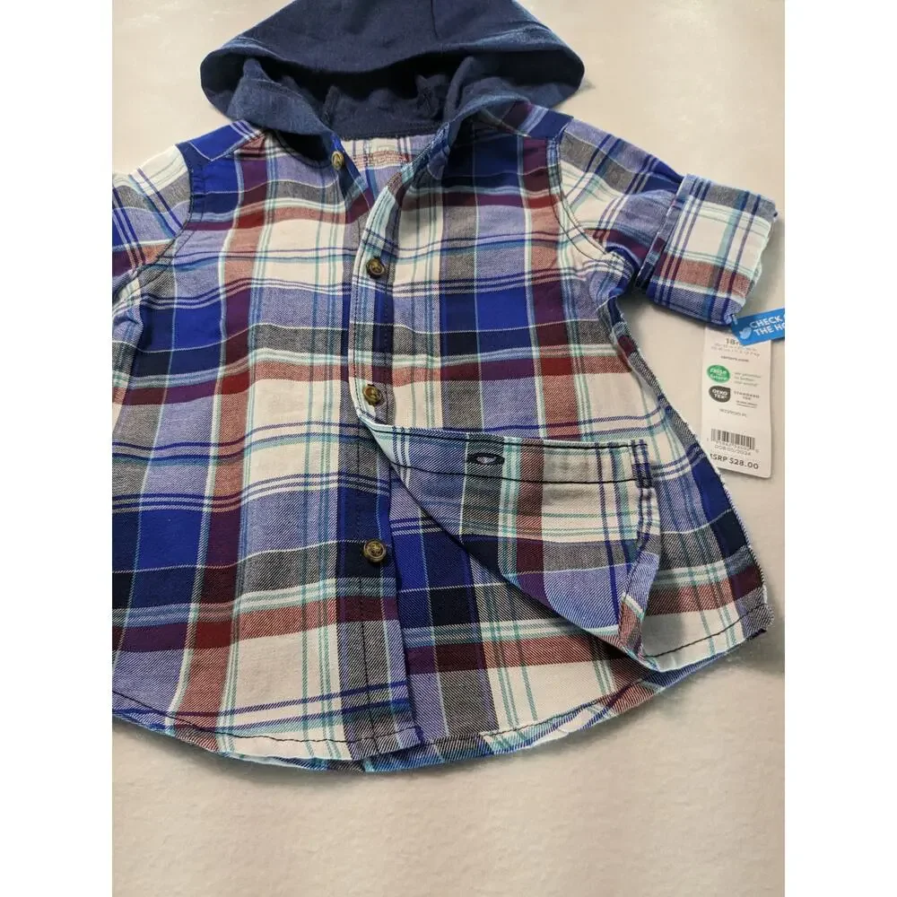 NWT Carter's Baby Boy 18 months Plaid Hooded‎ Button-Front Shirt Stylish Toddler